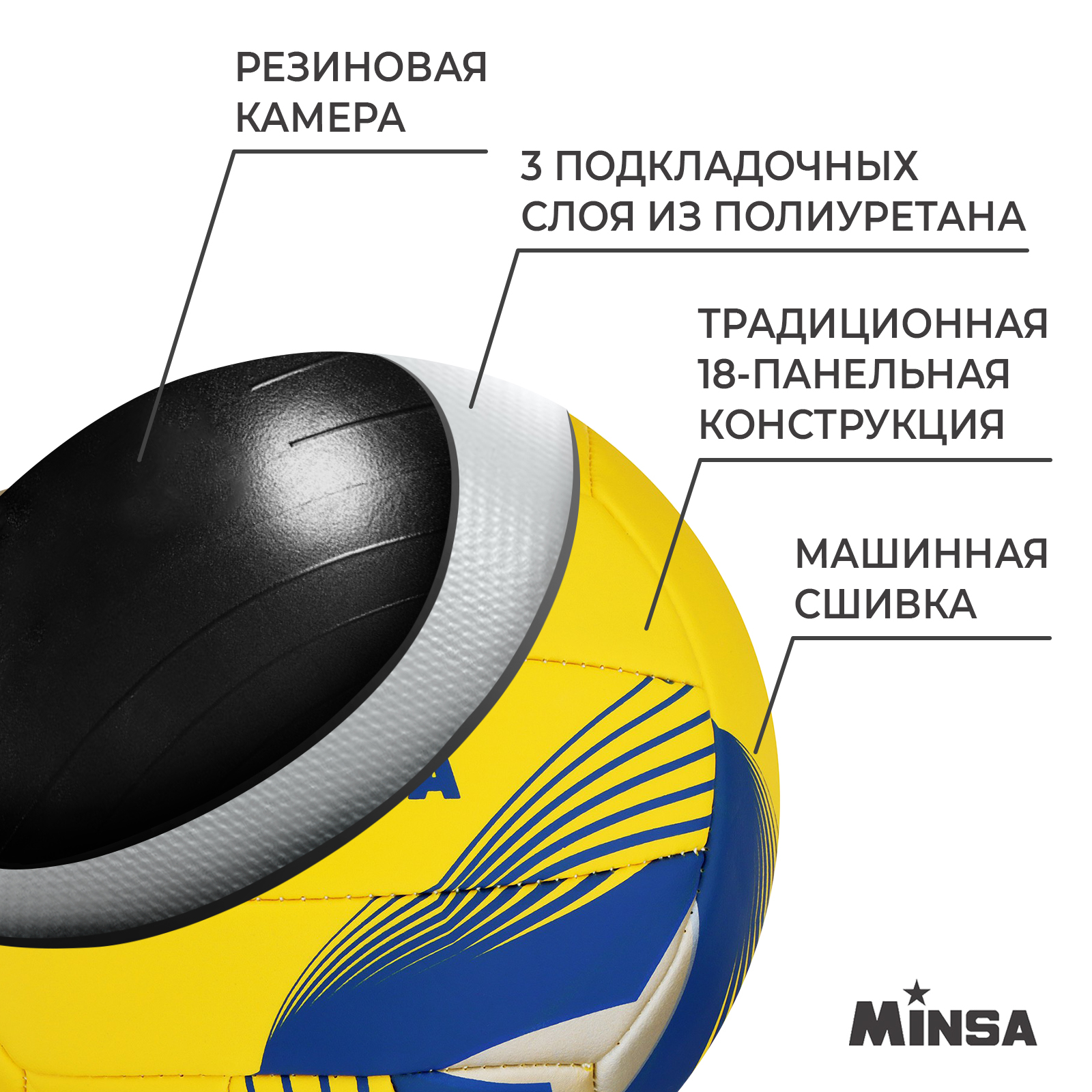 Мяч волейбольный MINSA, PU, машинная сшивка, 18 панелей, р. 5, 7560493   