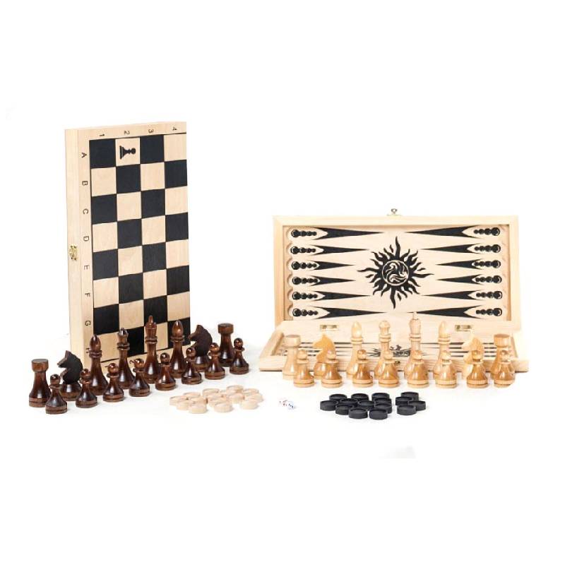 Игра 3в1 дорожная с обиходными деревянными шахматами (нарды, шахматы, шашки) 464-20